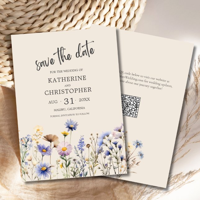 BOHO Aquarellfarben Wildblumen Elegante Beige Hoch Save The Date (BOHO Wildflowers Save the Date with Purple, Blue, Yellow Wildflowers, QR Code, Beige Background.)