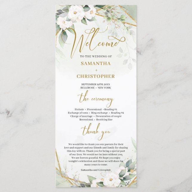 Boho Aquarellgoldrahmen Grün und weiße Rose Programm (Vorderseite)