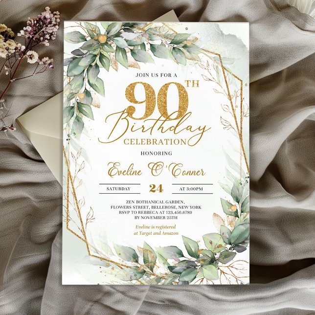 Boho Aquarellgrün Eukalyptus 90. Geburtstag Einladung (Elegant boho eucalyptus greenery gold glitter number 90th birthday invitation digital)