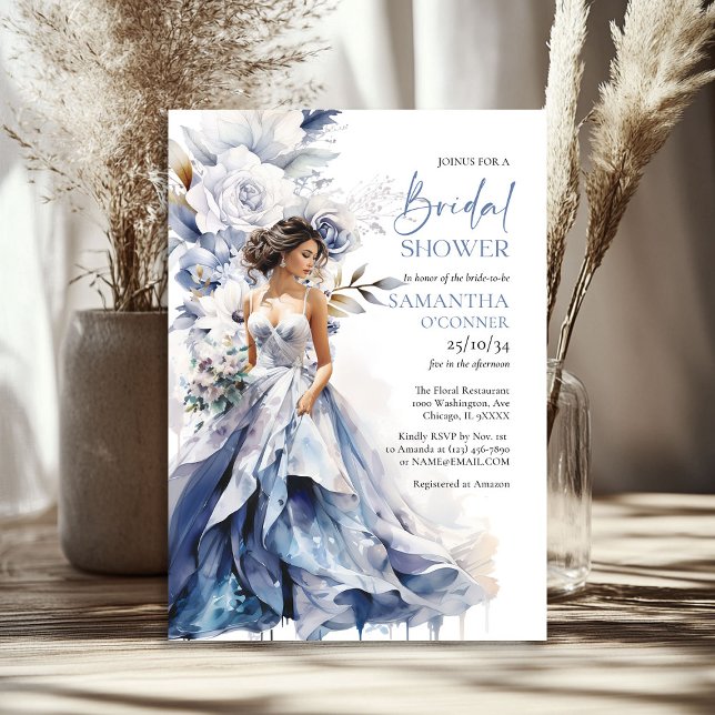 Boho Aquarellmarinekleid und Brautkleid aus weißer Einladung (Boho watercolor navy and white flower bridal dress invitation)