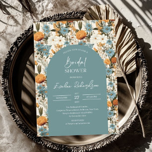 Boho arch Aquarell Dusty Blue Orange Wildblumen Einladung