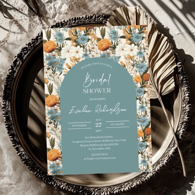 Boho arch Aquarell Dusty Blue Orange Wildblumen Einladung (Boho arch watercolor dusty blue orange wildflowers invitation)