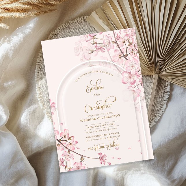 Boho arch Aquarell Weichrosa Kirschblüte Gold Einladung (Boho arch watercolor soft pink cherry blossom gold invitation)