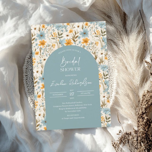 Boho arch Aquarellblau-gelbe Wildblumen Einladung (Boho arch watercolor light blue yellow wildflowers invitation)