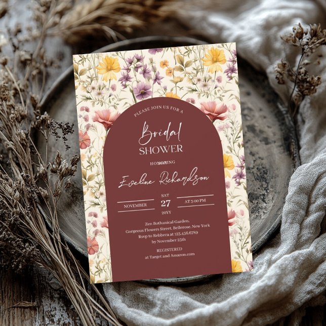 Boho arch Aquarellbord-gelbe Wildblumen Einladung (Boho arch watercolor burgundy yellow wildflowers invitation)