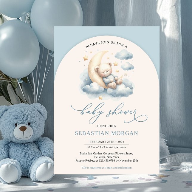 Boho arch Aquarellteddy Bär blau und Elfenbein Einladung (cute sleeping teddy bear over the moon boy baby shower invitation)