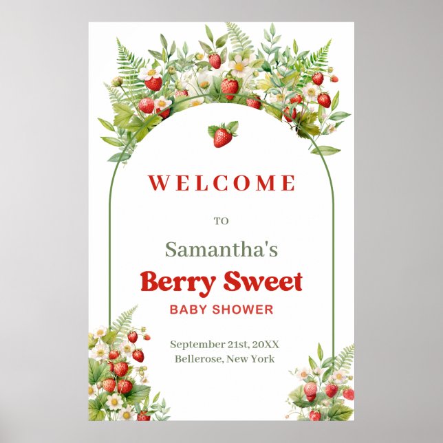 Boho Arch Berry Sweet Wild Strawberry Pink Willkom Poster (Vorne)