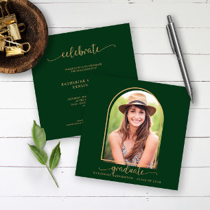 Boho Arch Dark Green Gold Foto Abschluss Einladung