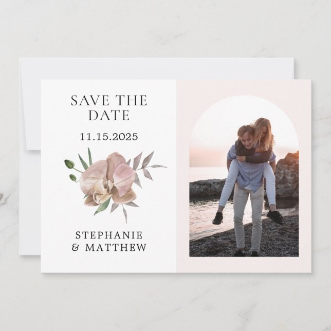 Boho Arch Dusty Orchids Foto Wedding Save The Date (Vorderseite)