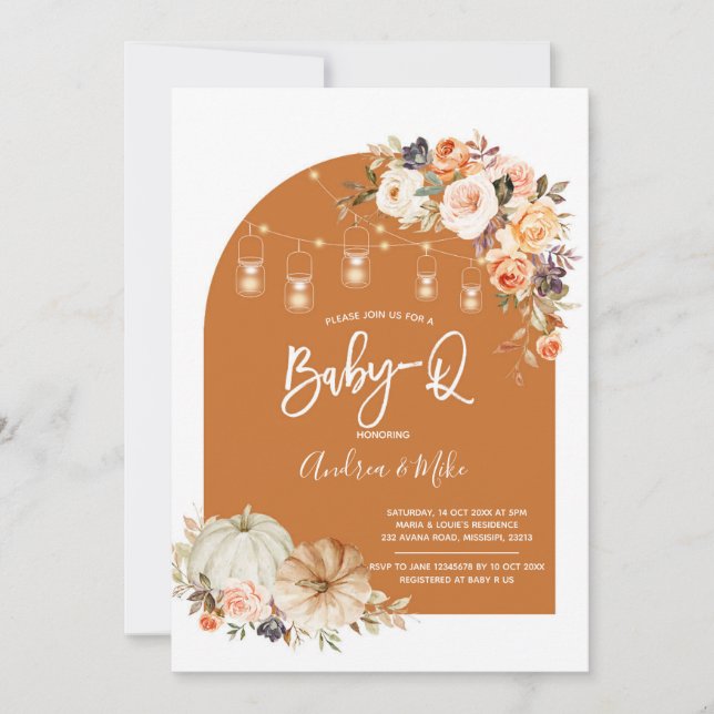 Boho Arch Fall Pumpkin BabyQ Baby Shower Einladung (Vorderseite)