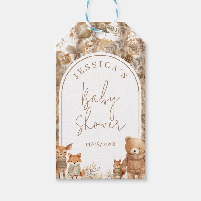 Boho Arch Fall Woodland Animals Baby Dusche Geschenkanhänger (Vorderseite)