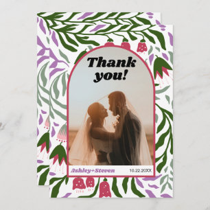 Boho arch, farbenfrohe Retro-Blume Hochzeitsfest F Dankeskarte