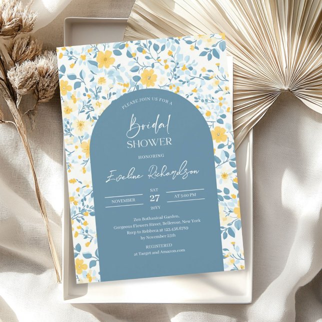 Boho arch farbige hellblaugelbe Wildblumen Einladung (Boho arch colorful light blue yellow wildflowers invitation)