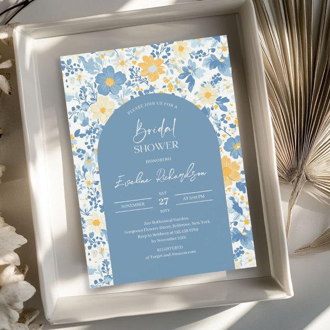 Boho arch farbige hellblaugelbe Wildblumen Einladung (Boho arch colorful light blue yellow wildflowers invitation)