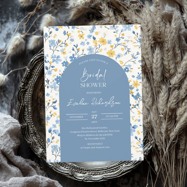 Boho arch farbige hellblaugelbe Wildblumen Einladung (Boho arch colorful light blue yellow wildflowers invitation)