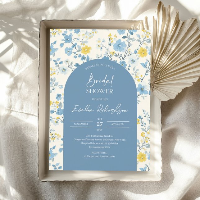 Boho arch farbige hellblaugelbe Wildblumen Einladung (Boho arch colorful light blue yellow wildflowers invitation)