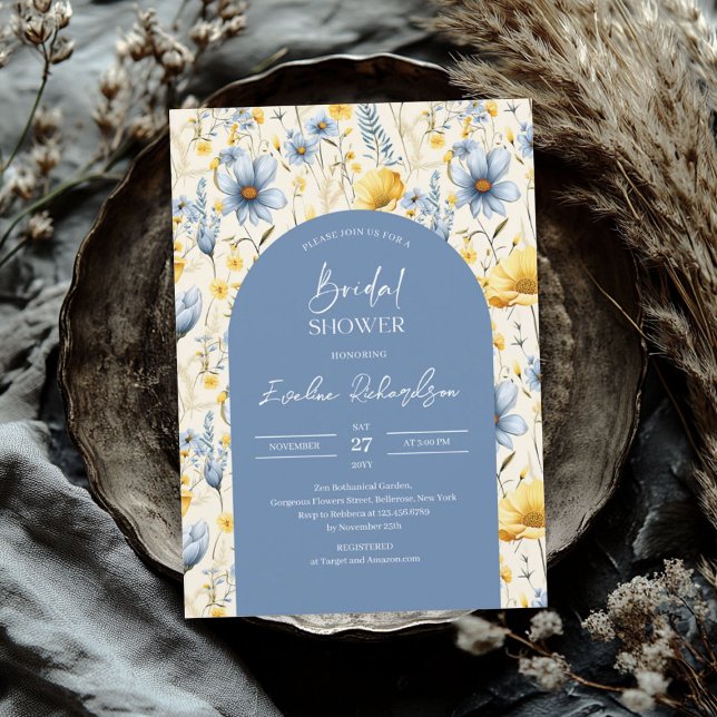 Boho arch farbige hellblaugelbe Wildblumen Einladung (Boho arch colorful light blue yellow wildflowers invitation)