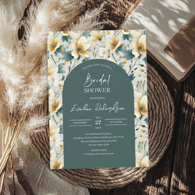 Boho arch farbige staubgelbe Wildblumen Einladung (Boho arch colorful dusty green yellow wildflowers invitation)