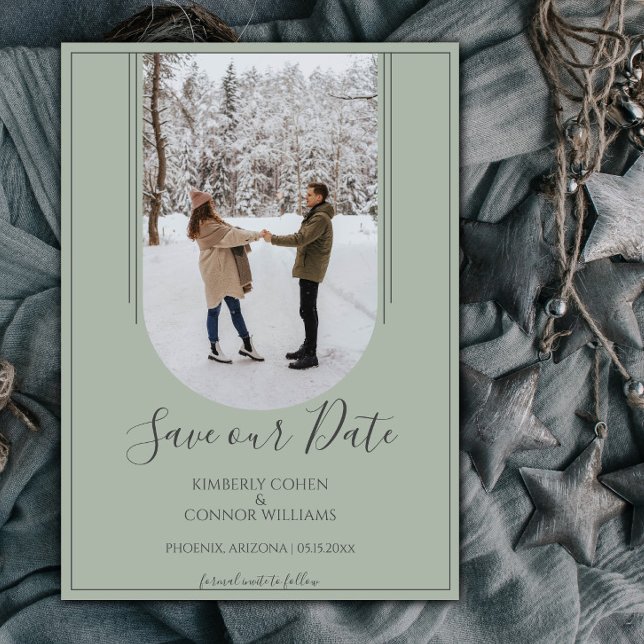 Boho Arch Foto Save the Date | Sage Green (Sage Green Arch Photo Save the Date)