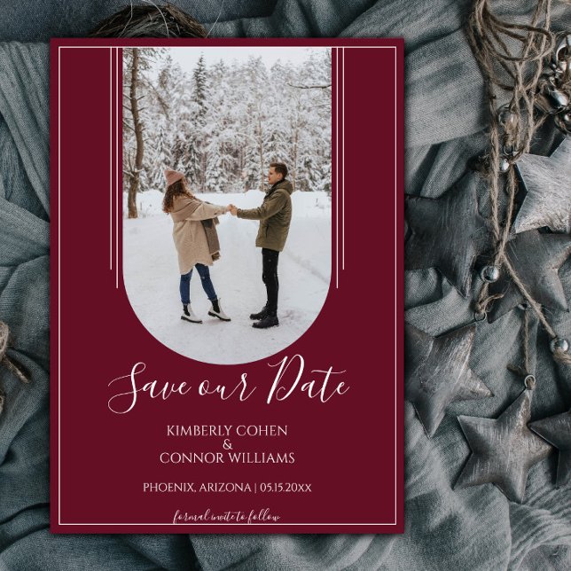 Boho Arch Foto Save the Date | Wine Red (Wine Red Arch Photo Save the Date)