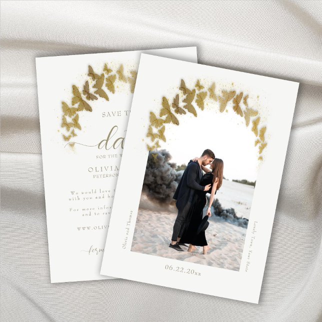 Boho Arch Gold Butterflies Elegantes Foto Hochzeit Save The Date (Von Creator hochgeladen)