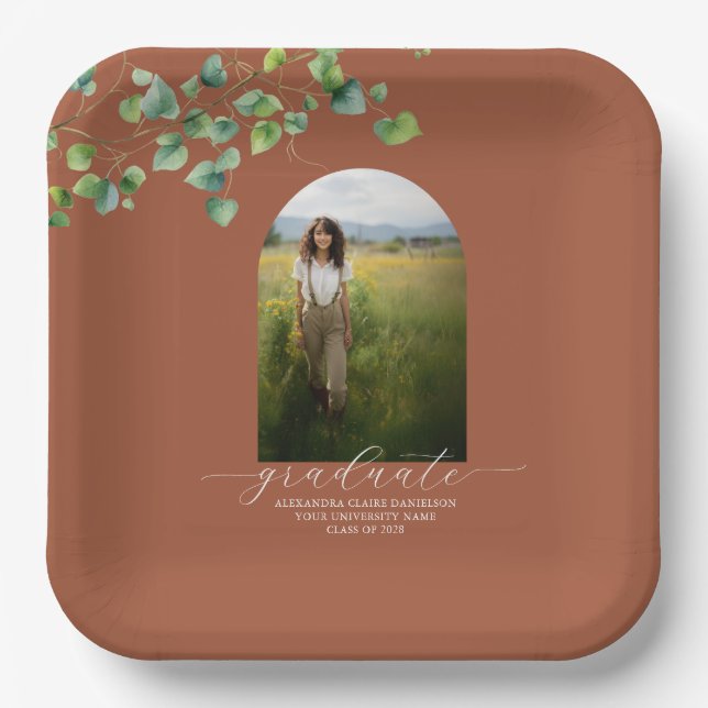 Boho Arch Ivy, Terracotta Brown Abschluss Pappteller (Vorderseite)