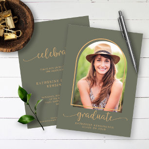 Boho Arch Minimalist Green Gold Photo Graduation Einladung