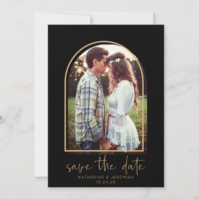 Boho Arch Minimalistisch Black Gold Save the Date (Vorderseite)