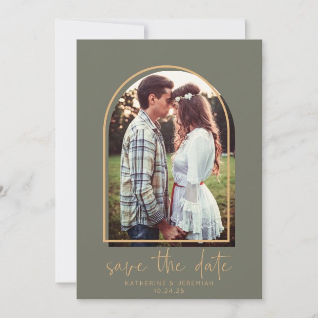 Boho Arch Minimalistisch Green Gold Save the Date (Vorderseite)
