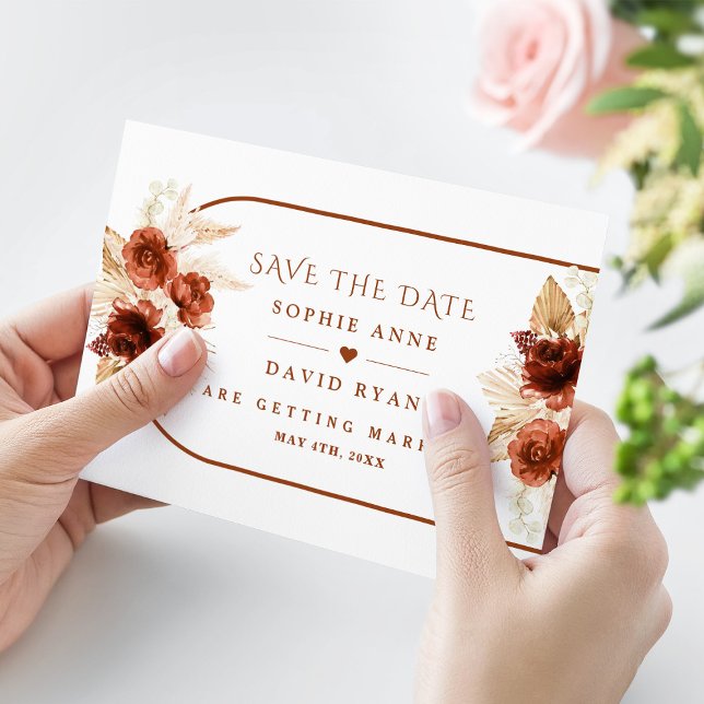 Boho Arch Pampas Grass Floral Terracotta Wedding Save The Date (trendy terracotta thank you wedding card, elegant, modern)