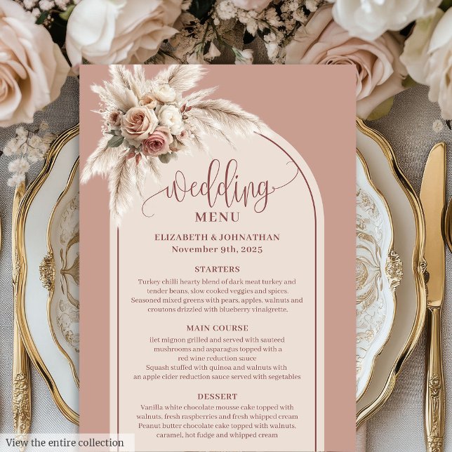 Boho Arch Powder Pink Pampas Floral Wedding Menu Menükarte (Boho Arch Powder Pink Pampas Floral Wedding Menu)