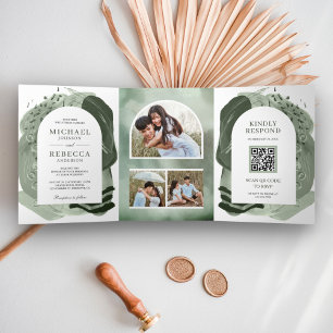 Boho Arch Sage Green Brush Strokes QR Code Wedding Dreifach Gefaltete Einladung