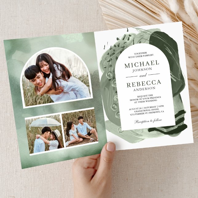 Boho Arch Sage Grün Pinselstriche QR-Code Hochzeit Einladung (Von Creator hochgeladen)