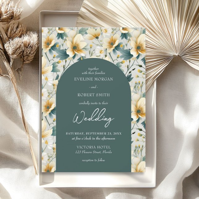 Boho arch Salbei-Gelbgelbe wilde Blume Einladung (Boho arch sage green yellow ivory wild flowers invitation)