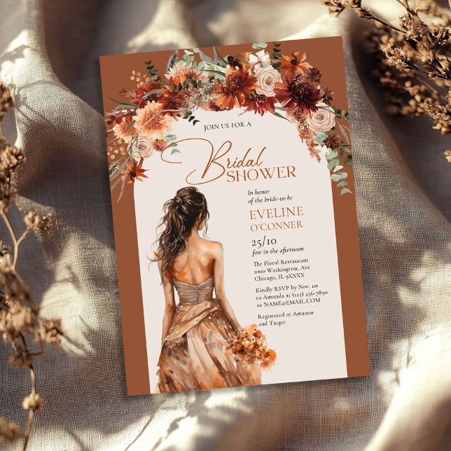 Boho arch terracotta Herbst Blumenstrauß Einladung (Boho arch terracotta fall floral wedding gown invitation)