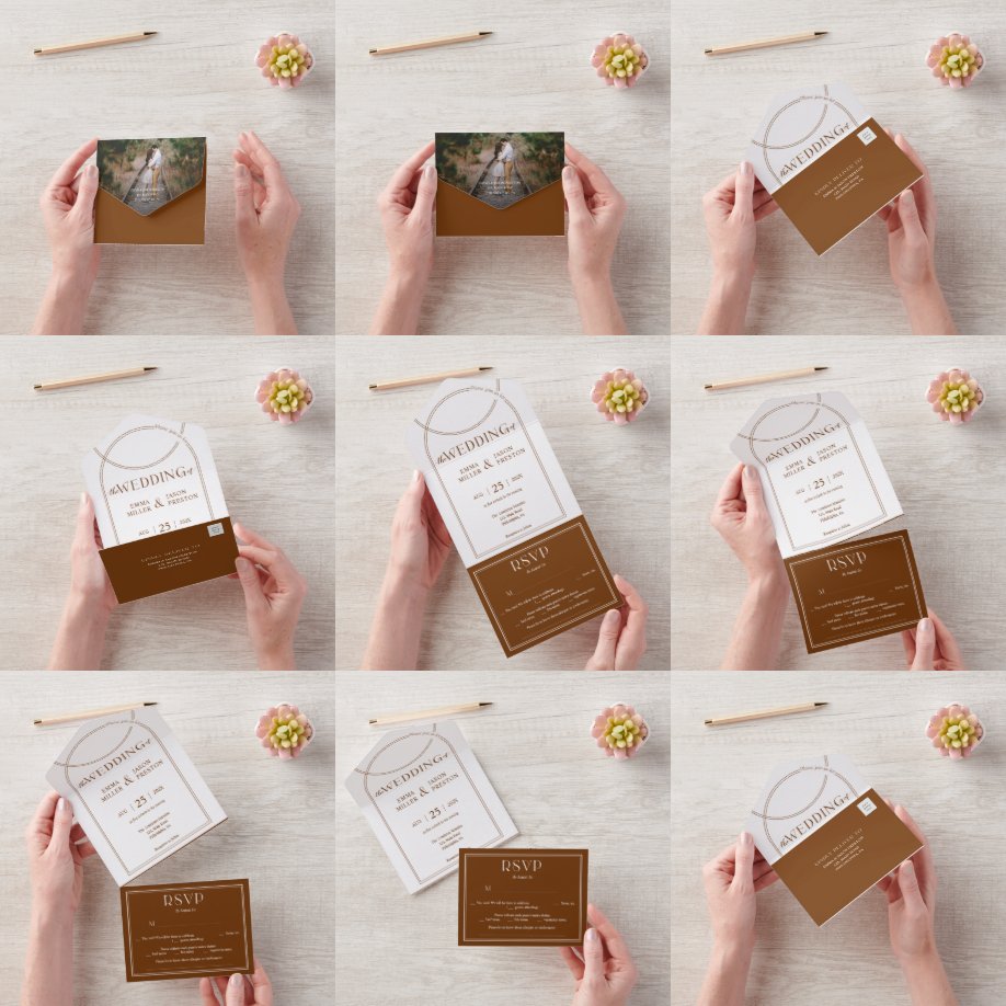 Boho Arch Terracotta Hochzeit Einladung mit Foto