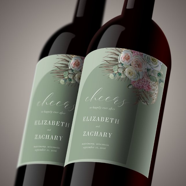 Boho Arch Tropical Floral Sage Green Wedding Weinetikett (Von Creator hochgeladen)