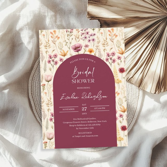 Boho arch wassercolor lila gelbe Wildblume Einladung (Boho arch watercolor deep purple yellow wildflower invitation)