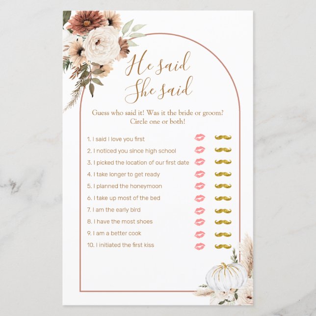 Boho Arch White Pumpkin Er sagte, sie sagte Game C (Vorderseite)