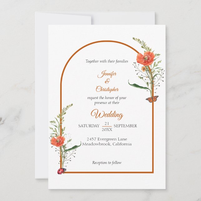 Boho Arch Wildblume Orange Wedding Einladung (Vorderseite)