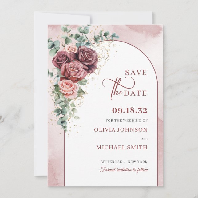 Boho arche blush borundy bloral eucalyptus gold save the date (Vorderseite)