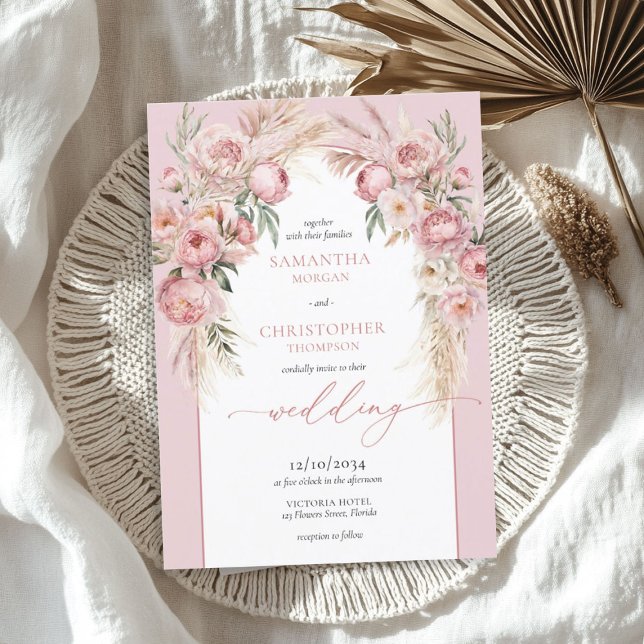 Boho arche blush peonas pampas gras eucalyptus einladung (Boho arch blush peonies pampas grass eucalyptus invitation)