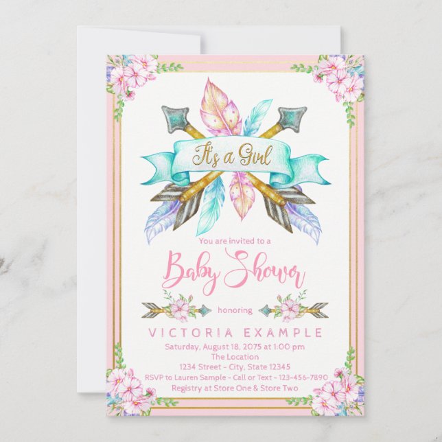 Boho Arrow Feather Girl Baby Shower Einladungen (Vorderseite)