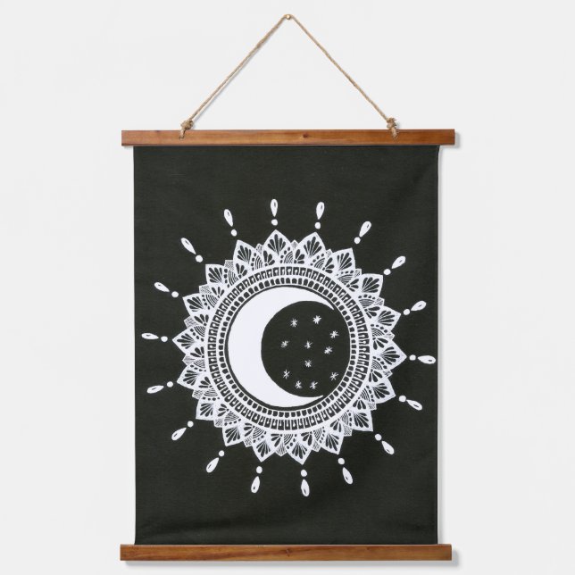 Boho Art Sun & Moon Mandala Art Wandteppich Mit Holzrahmen (Vorderseite)