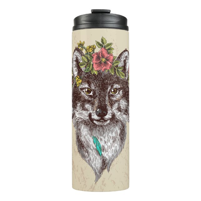 Boho Art-Wolf-Halo-Porträt Thermosbecher (Vorderseite)