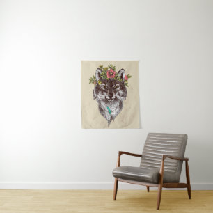 Boho Art-Wolf-Halo-Porträt Wandteppich