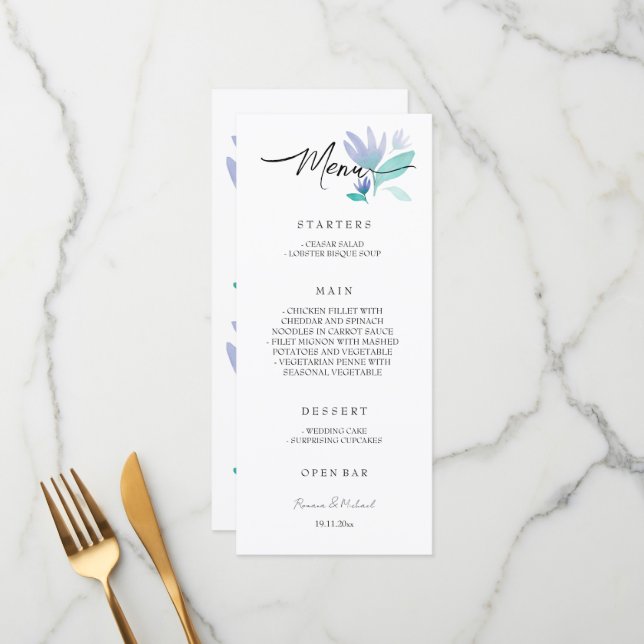 Boho Artistic Blue Floral Garden Menükarte (Vorderseite/Rückseite Beispiel)