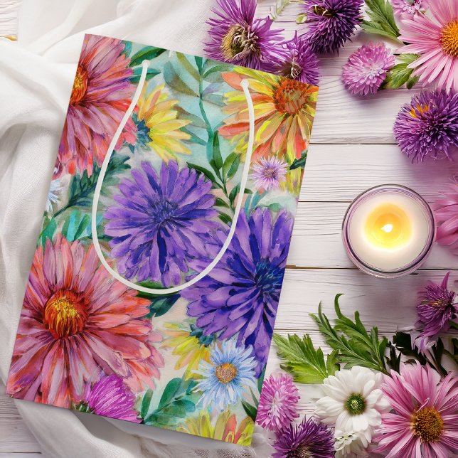 Boho Aster Blumen Floral Mittlere Geschenktüte (Boho Aster Flowers Floral Gift Bag -- Bridal Shower, Birthdays, Weddings, Baby Showers and More)
