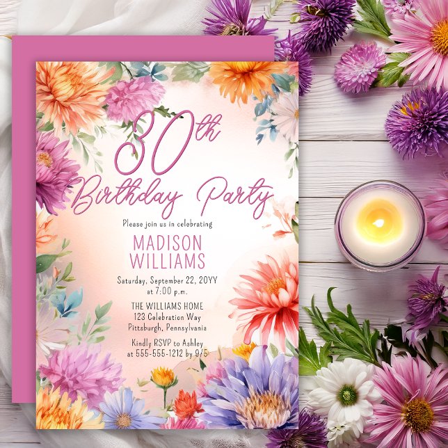 Boho Aster Flowers Floral 30th Birthday Party Einladung (Elegant Boho Aster Flowers Floral 30th Birthday Party Invitation - Print | Digital Download)