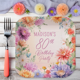 Boho Aster Flowers Floral 80th Birthday Party Pappteller